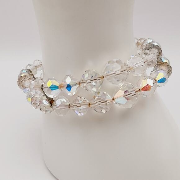 Vintage 1950s Clear Aurora Borealis Crystal Two Strand Bracelet – 6 3/4 Inches - Picture 3 of 13